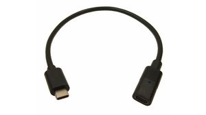 Cable, USB C-kontakt - USB C-uttag, 300mm, USB 3.0, Svart